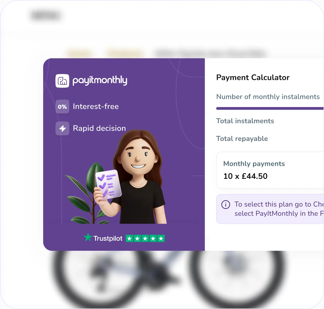 PayItMonthly payment calculator widget embedded on a product page