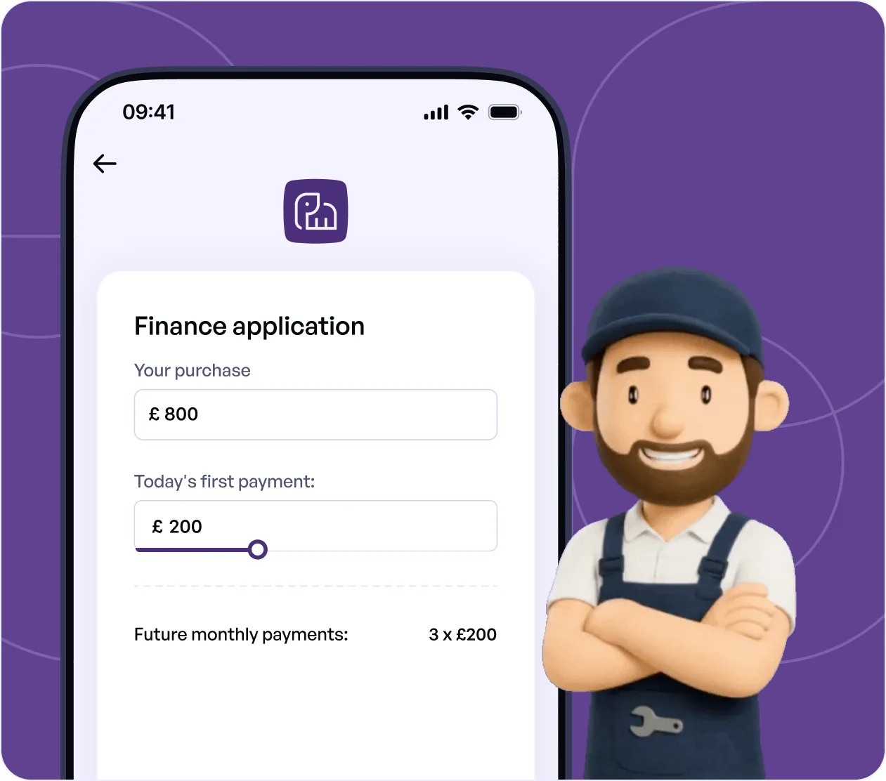 Phone showing a PayItMonthly finance application beside a smiling mechanic